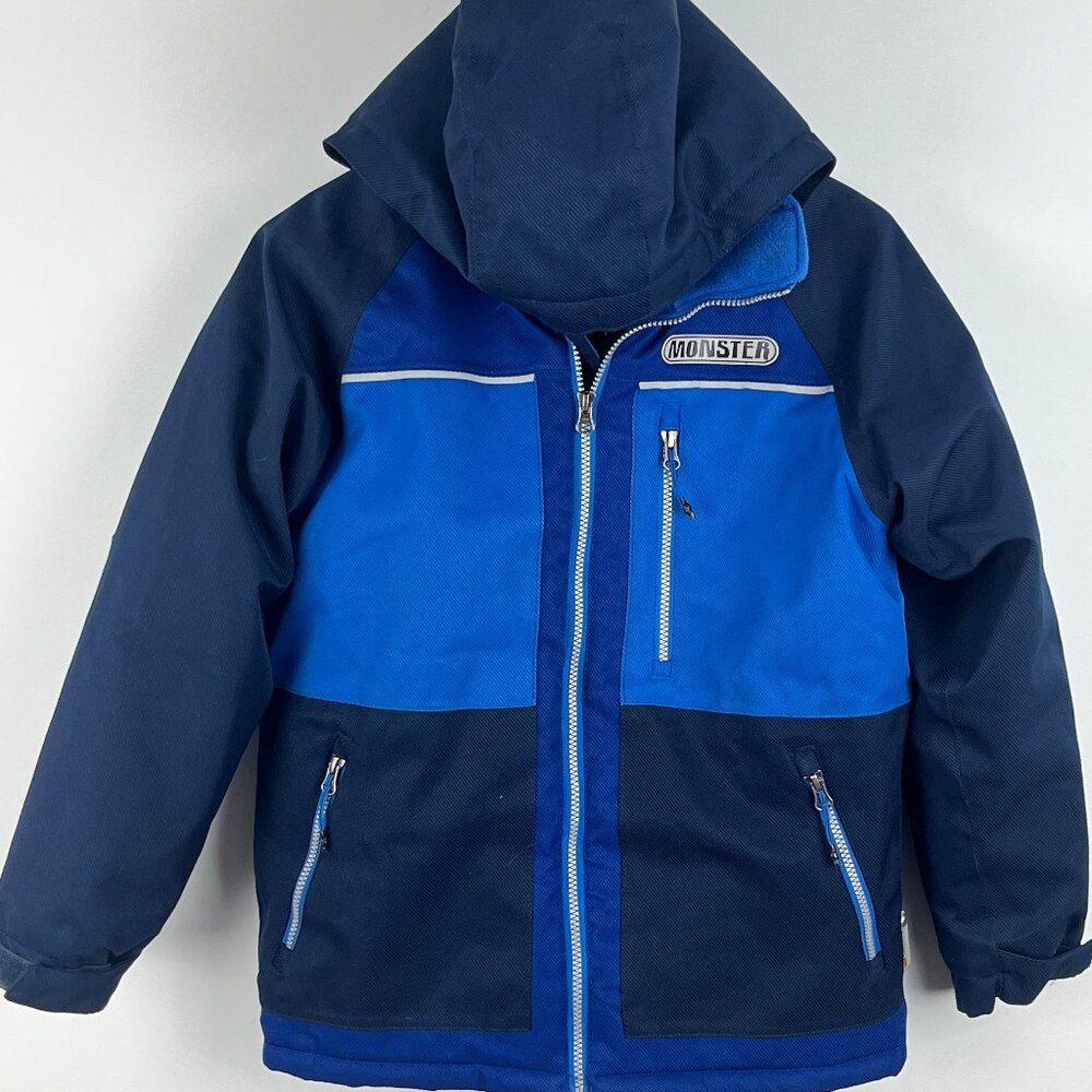 Monster Kids Parka Jacket Size 12 Blue Full Zip Hooded Pockets Lined Insulated